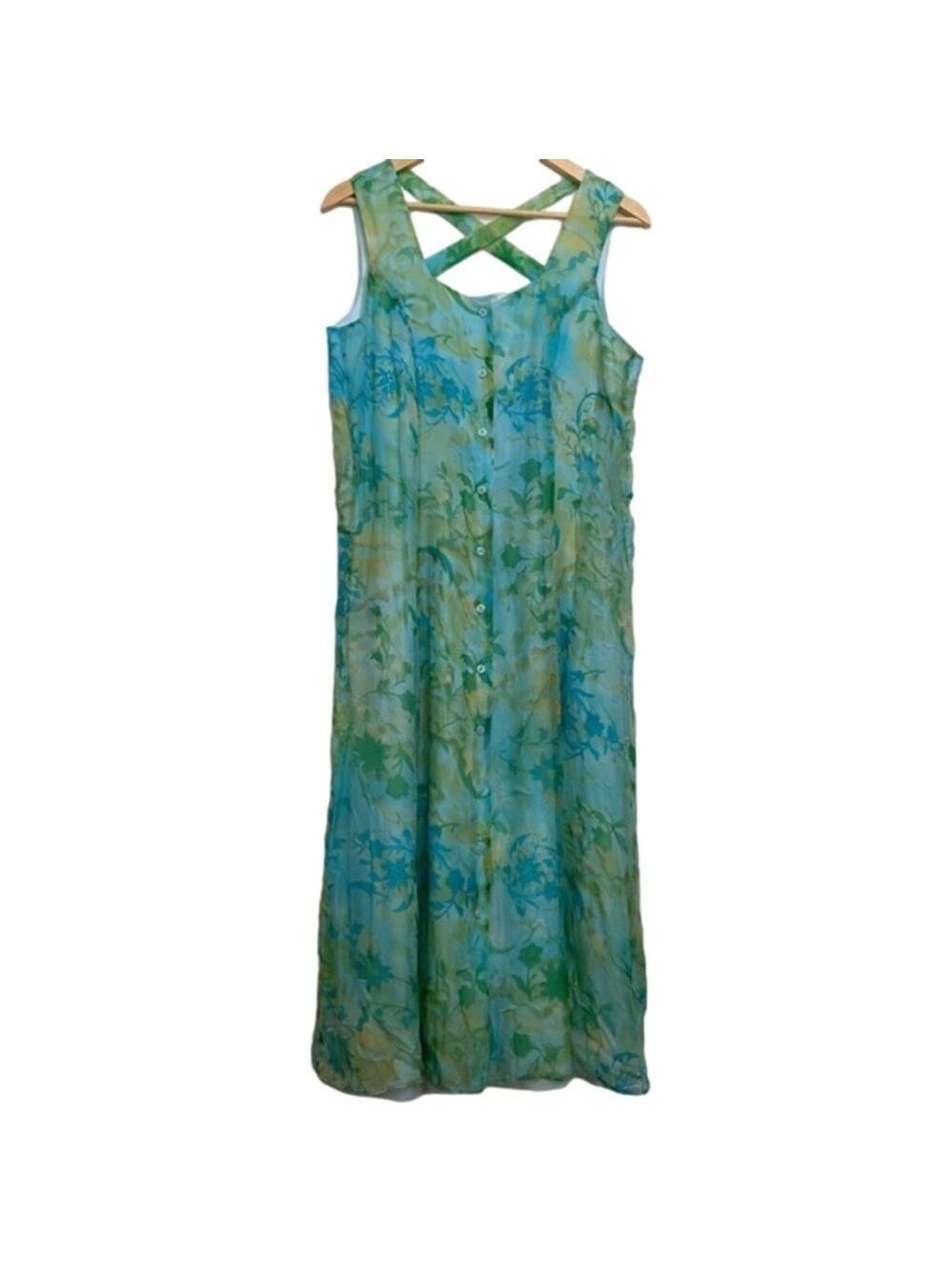 COLDWATER Creek 100% silk dress 12 lightweight blue Kelly green button feminine
